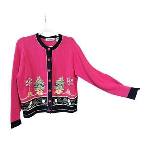 Vintage Victoria jones holiday Christmas cardigan button sweater large cotton